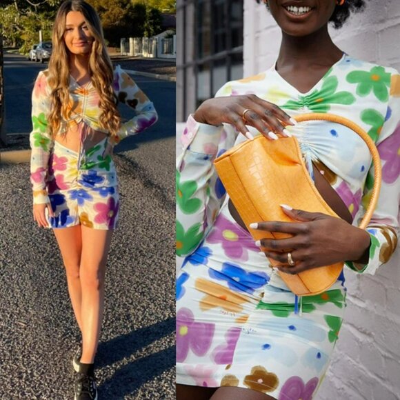 With Jean Hermana Dress Floral Daisy Viola Tricolor Cinched Top Cutout Mini 90s - Picture 3 of 15